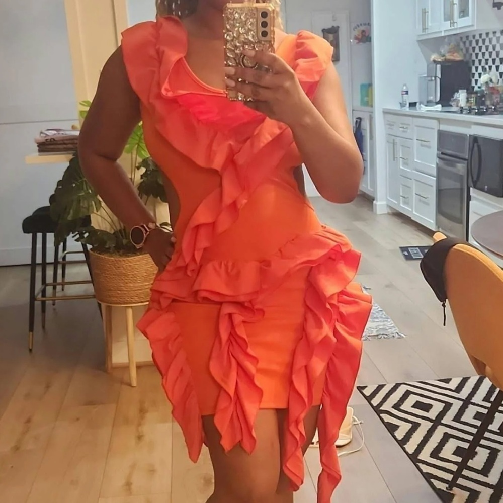 Elegant Orange Ruffle Mini Dress - Picture 3 of 5